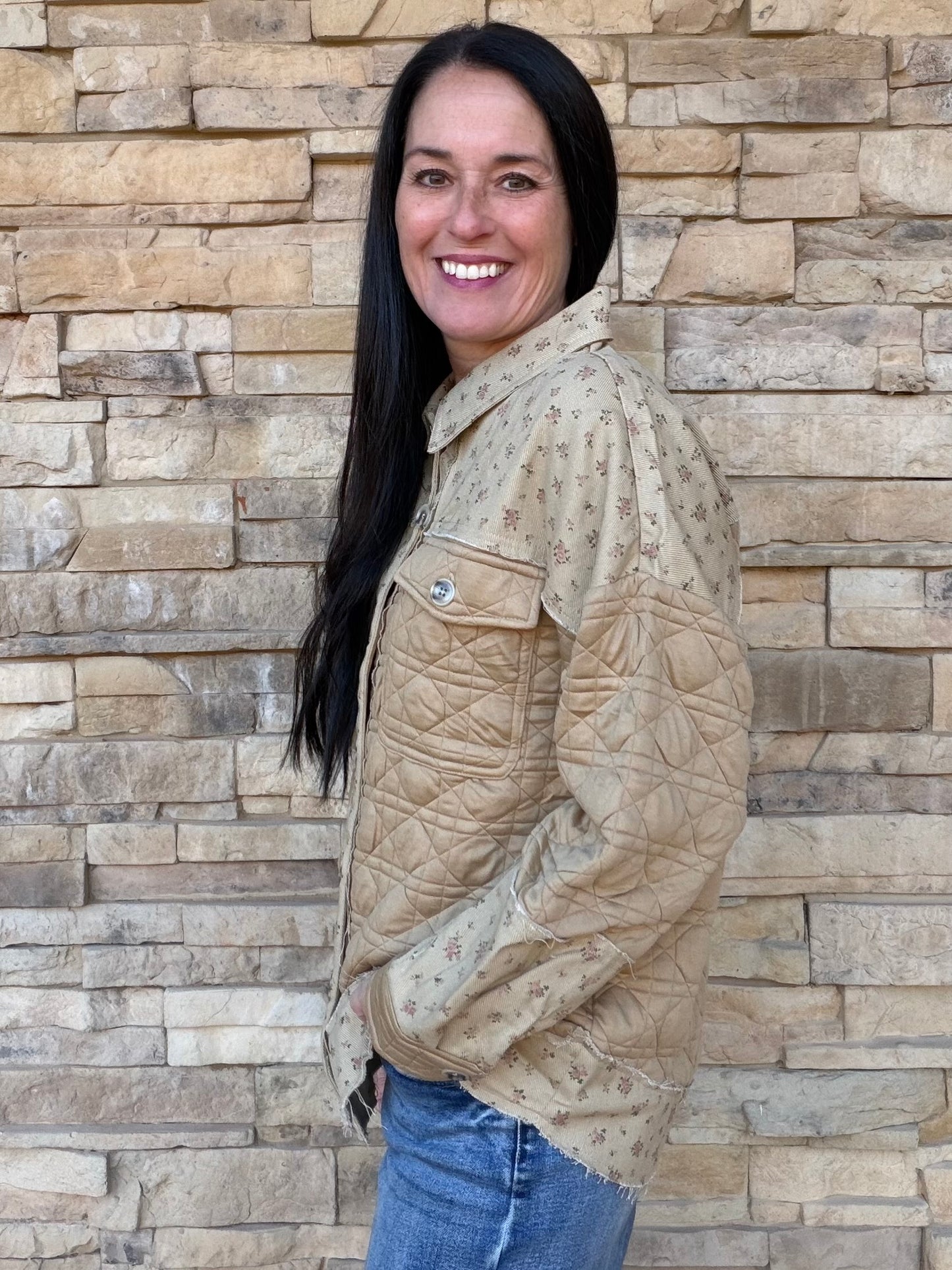 Mocha Floral Contrast Shacket, Mocha