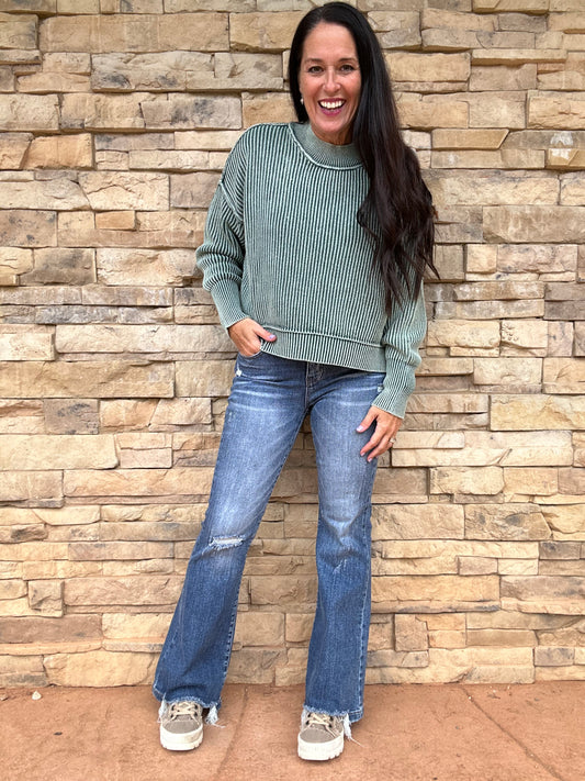 Zenana Washed Oversized Cropped Sweater, Dark Green