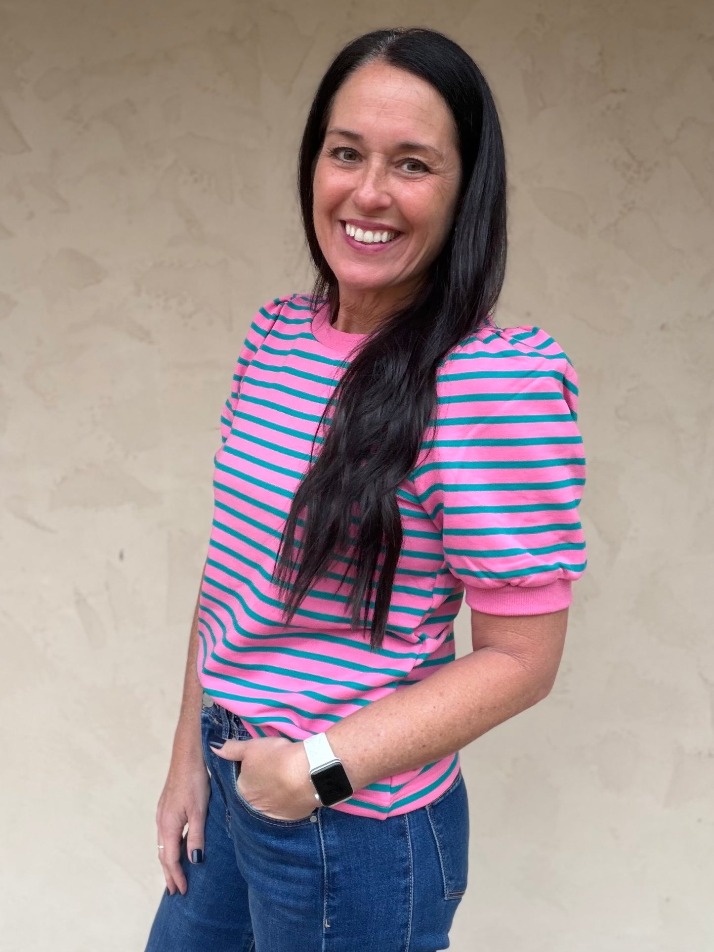 Stripe Puff Sleeve Sweater, Pink