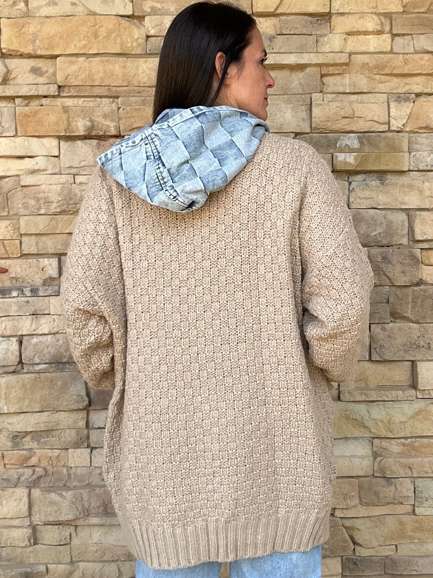 Checker Denim Zip Up Sweater Cardigan, Latte