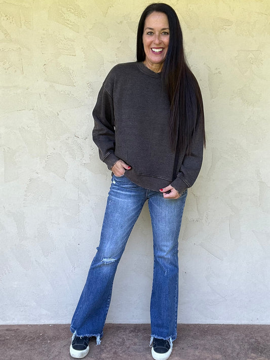 Zenana Acid Washed Oversized Fleece Pullover, Black