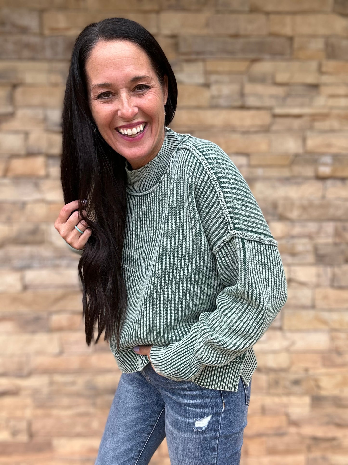 Zenana Washed Oversized Cropped Sweater, Dark Green