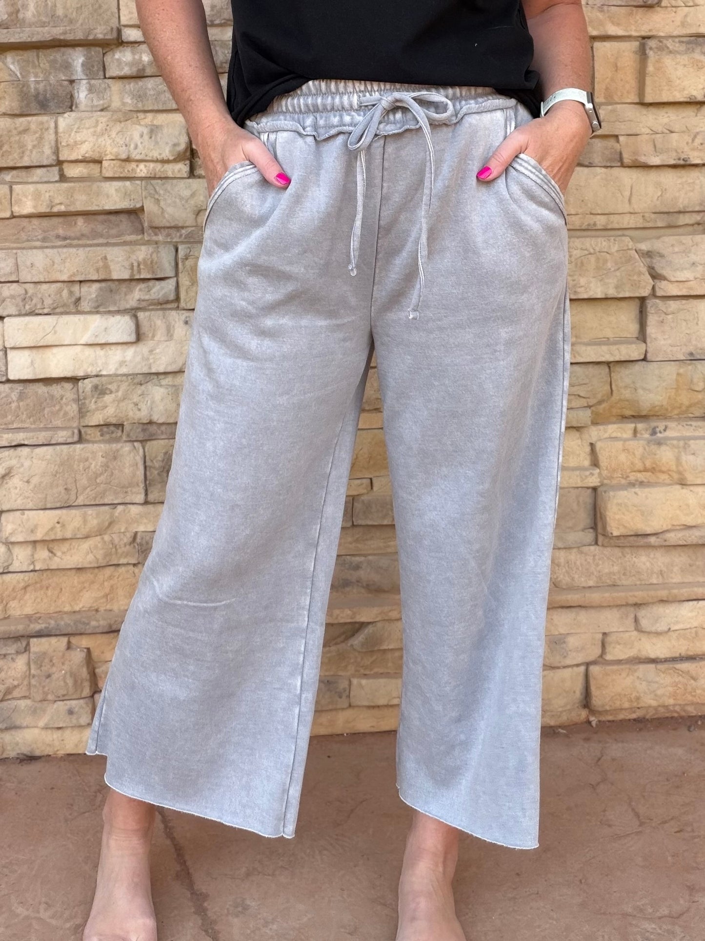 Zenana Acid Washed Cropped Palazzo Pants, Sleet