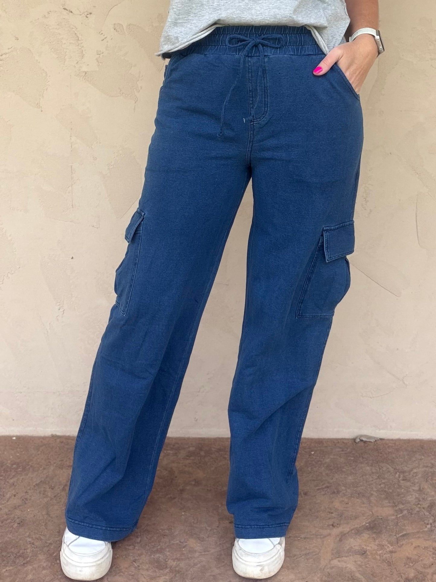 Mono B Mineral Wash Wide Leg Cargo Pants, Denim Blue