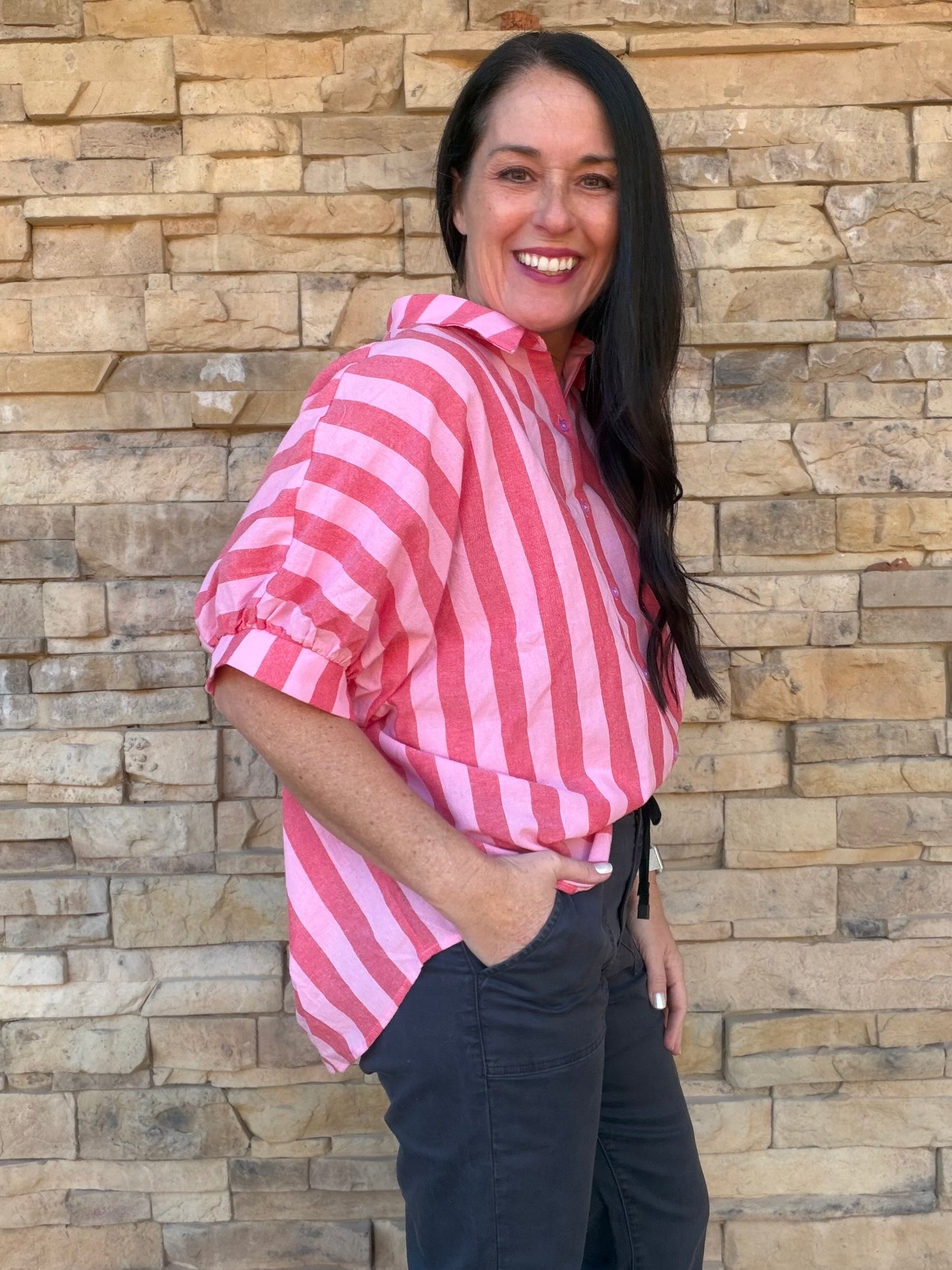 Day + Moon Striped Button Down Top, Red/Pink