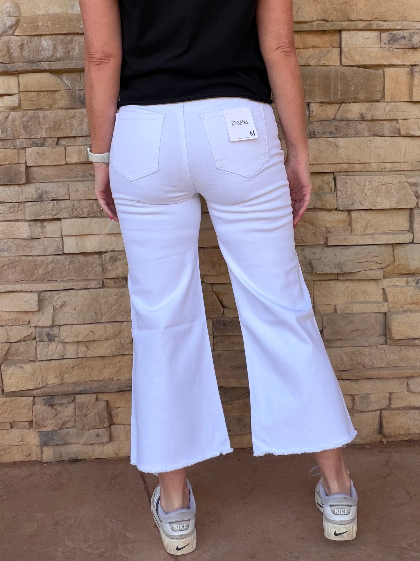 Zenana Acid Washed Frayed Hem Pants, White