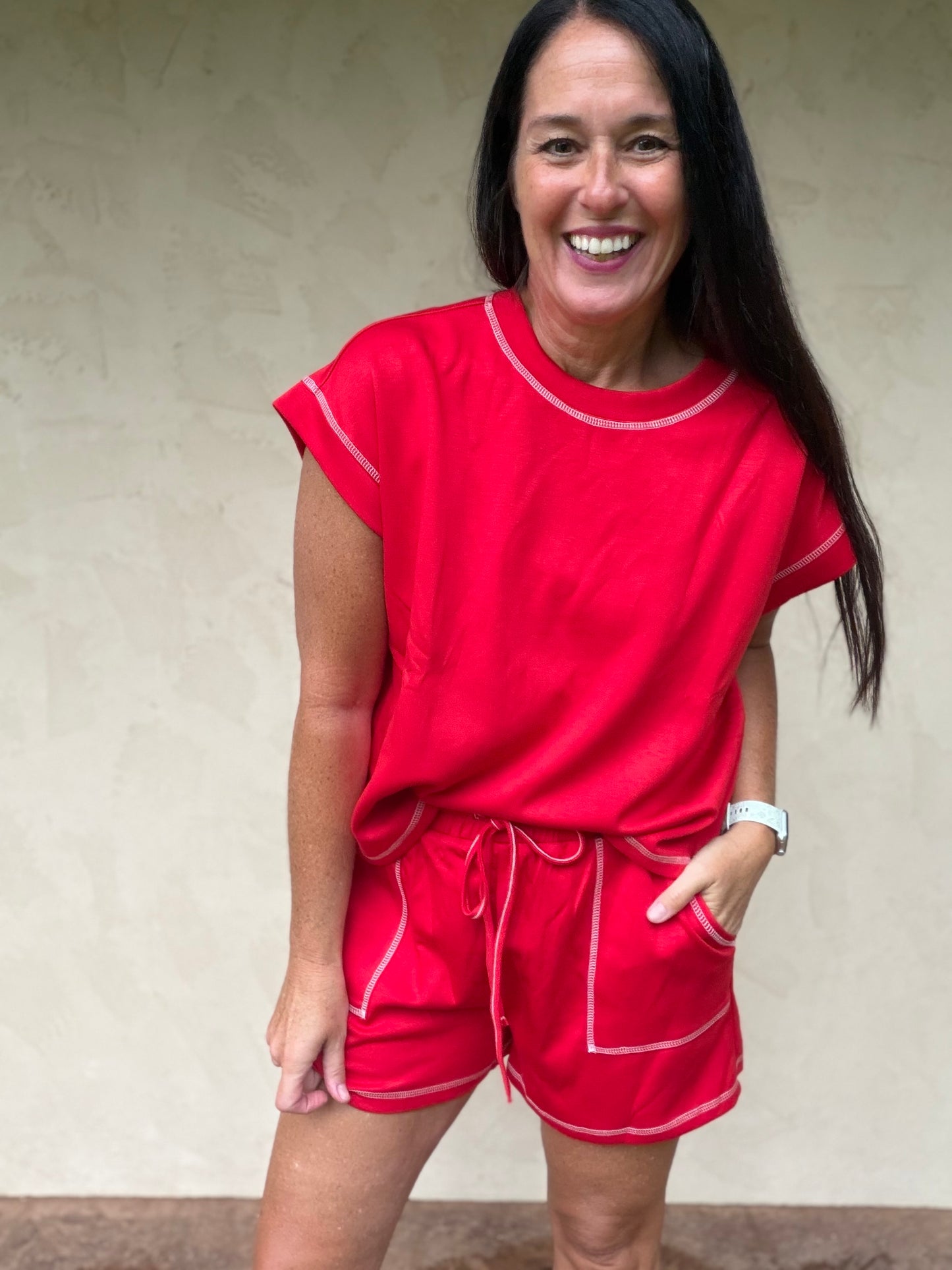 Scuba Contrast Stitch Lounge Set, Red