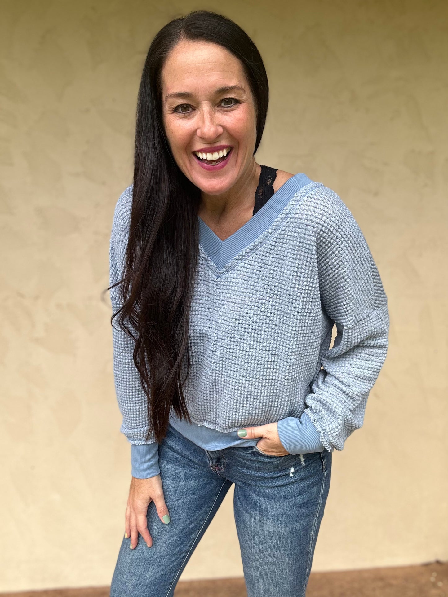 V-Neck Waffle Top, Denim Blue