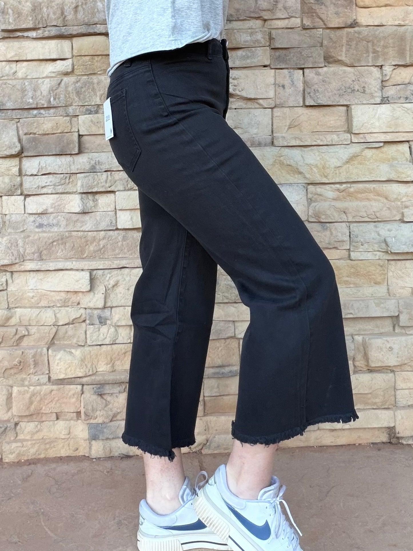 Zenana Acid Washed Frayed Hem Pants, Black