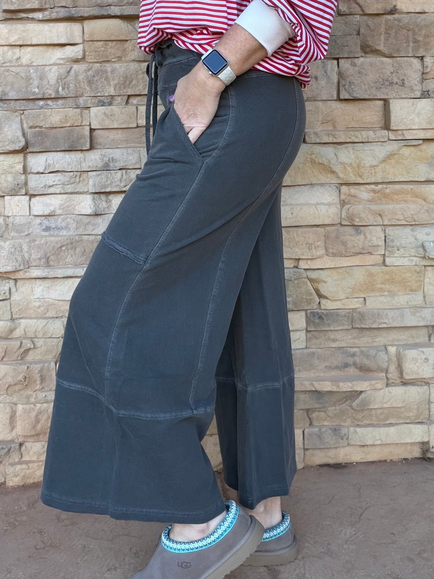 Zenana French Terry Exposed Seam Wide Leg Pants, Black