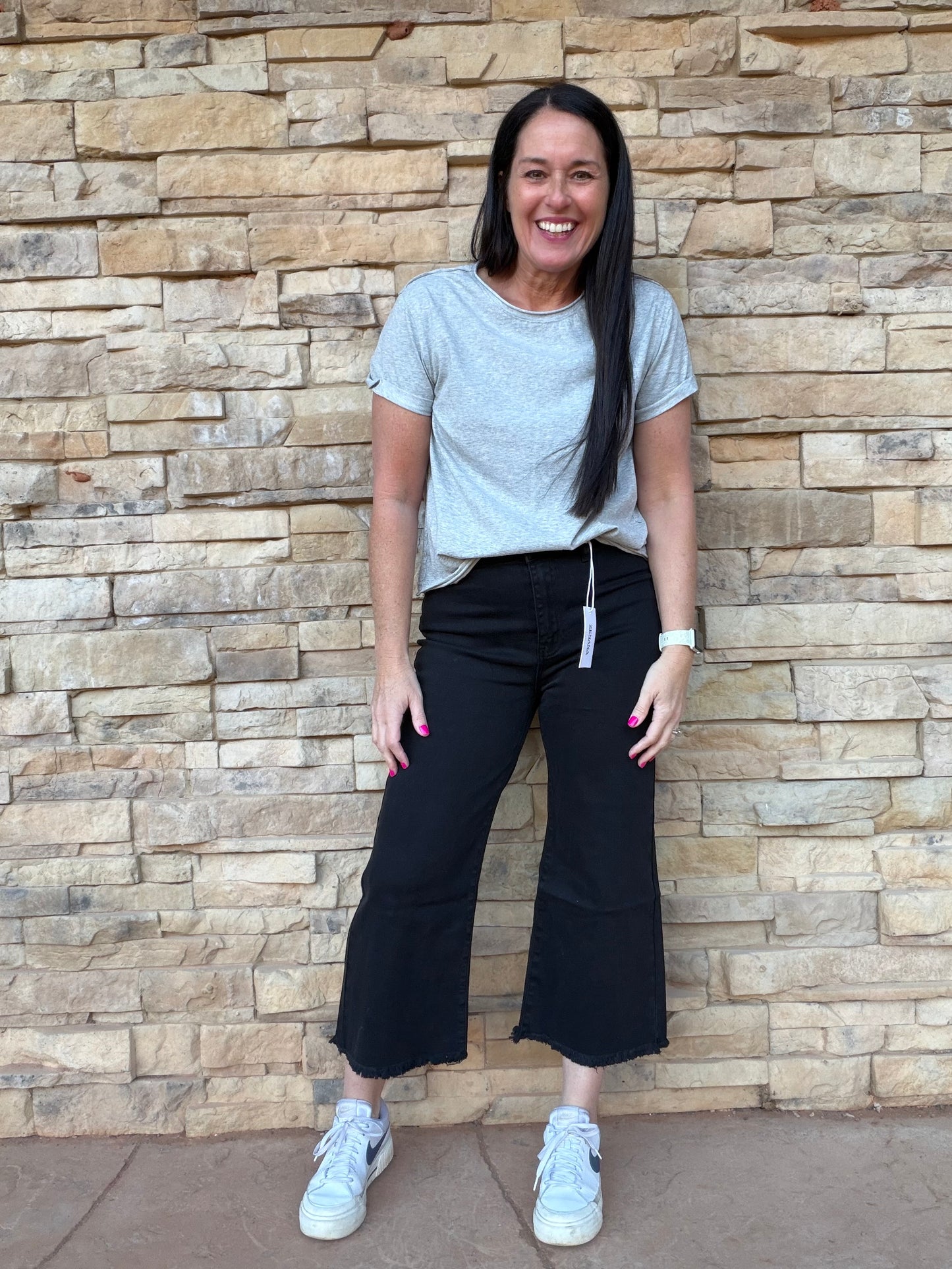 Zenana Acid Washed Frayed Hem Pants, Black