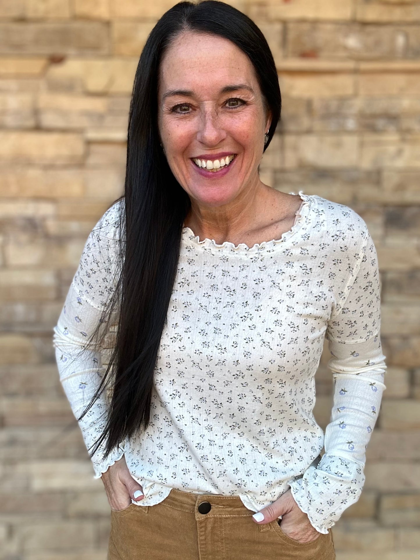 Blue Floral Lettuce Hem Top