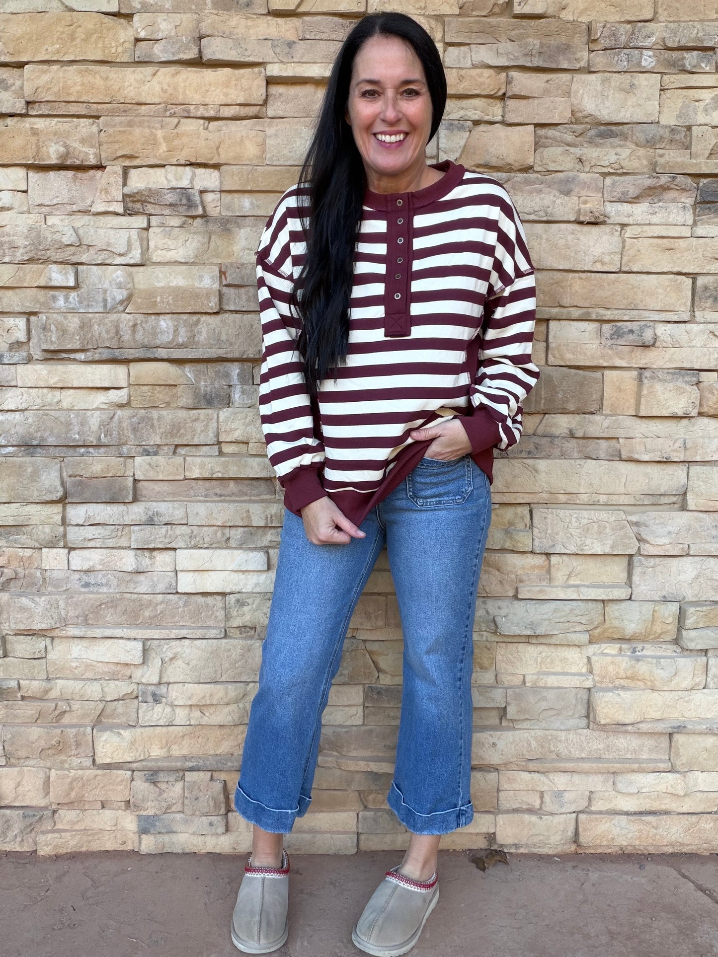 Striped Half Button Top, Burgundy