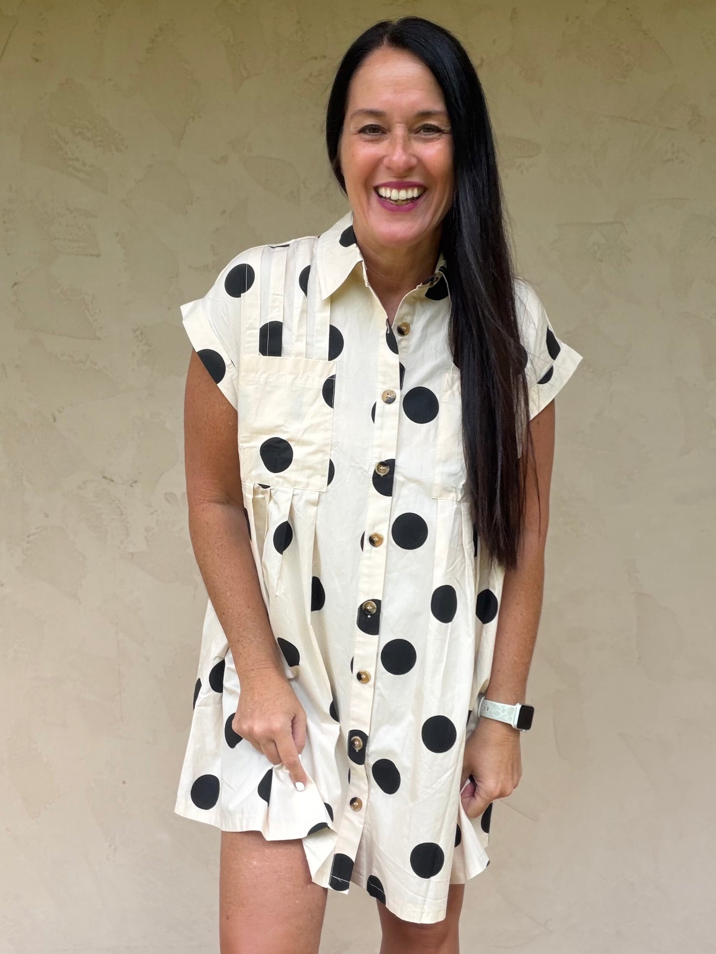Polka Dot Button Down Pleated Dress, Black