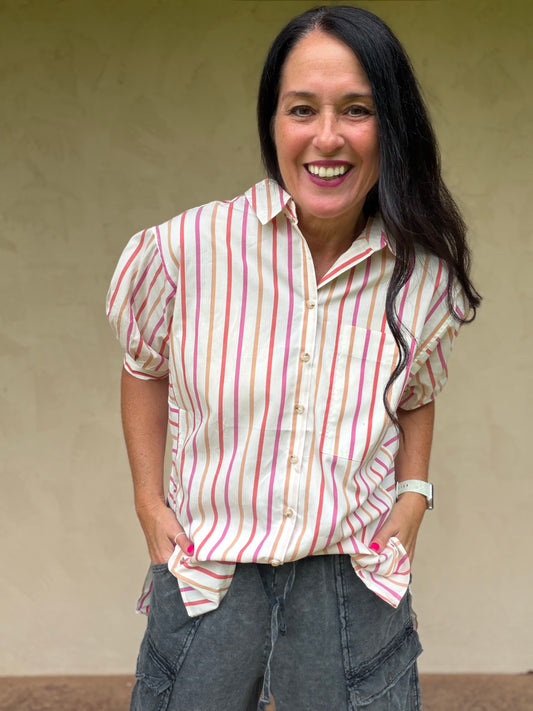 Oversized Striped Button Down Top, Pink