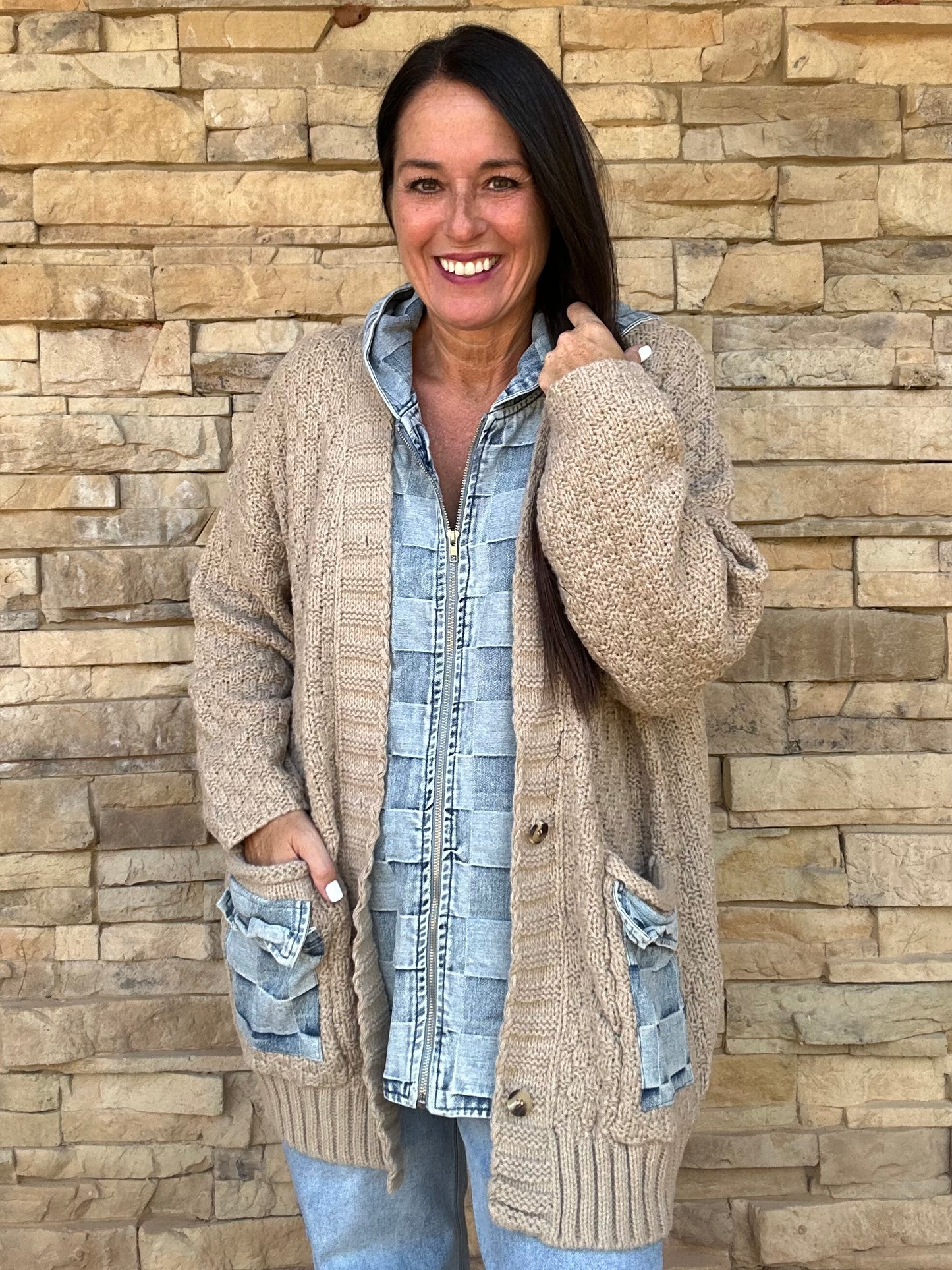 Checker Denim Zip Up Sweater Cardigan, Latte