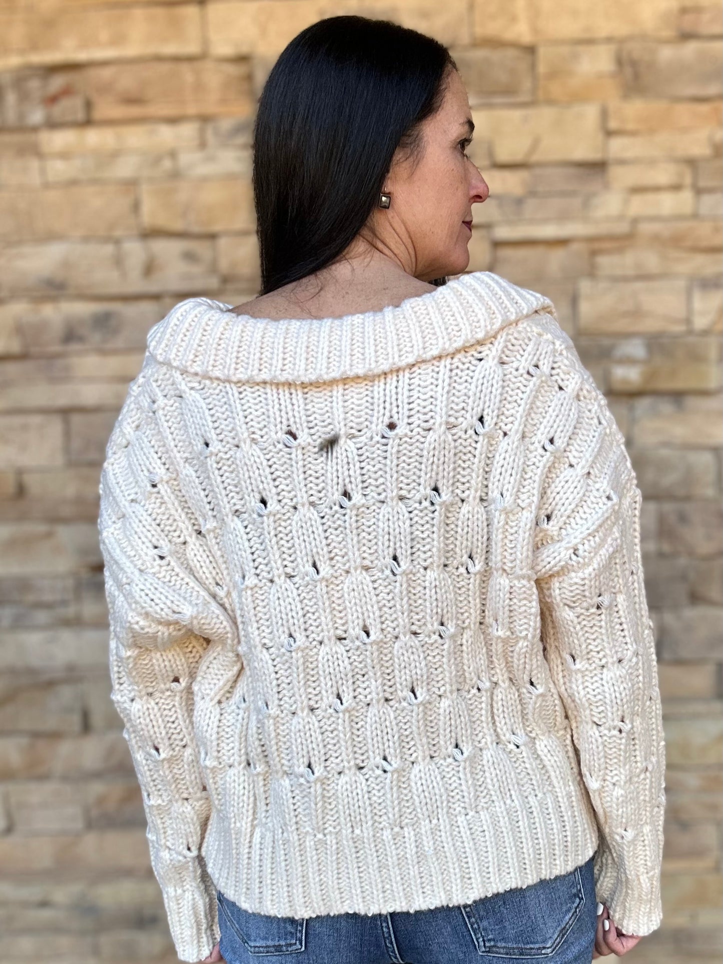 So Me Collared V-Neck Sweater, Cream