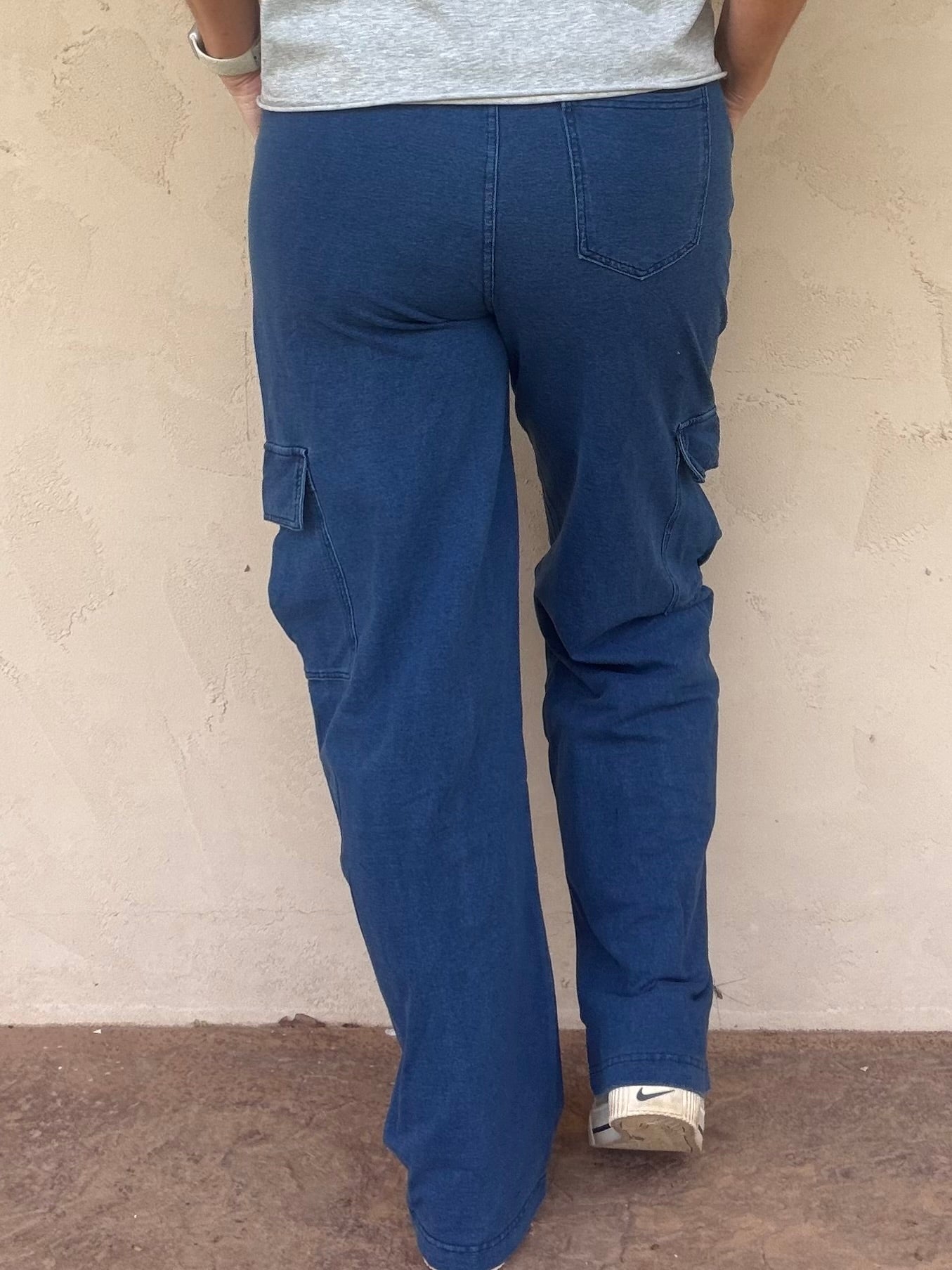 Mono B Mineral Wash Wide Leg Cargo Pants, Denim Blue