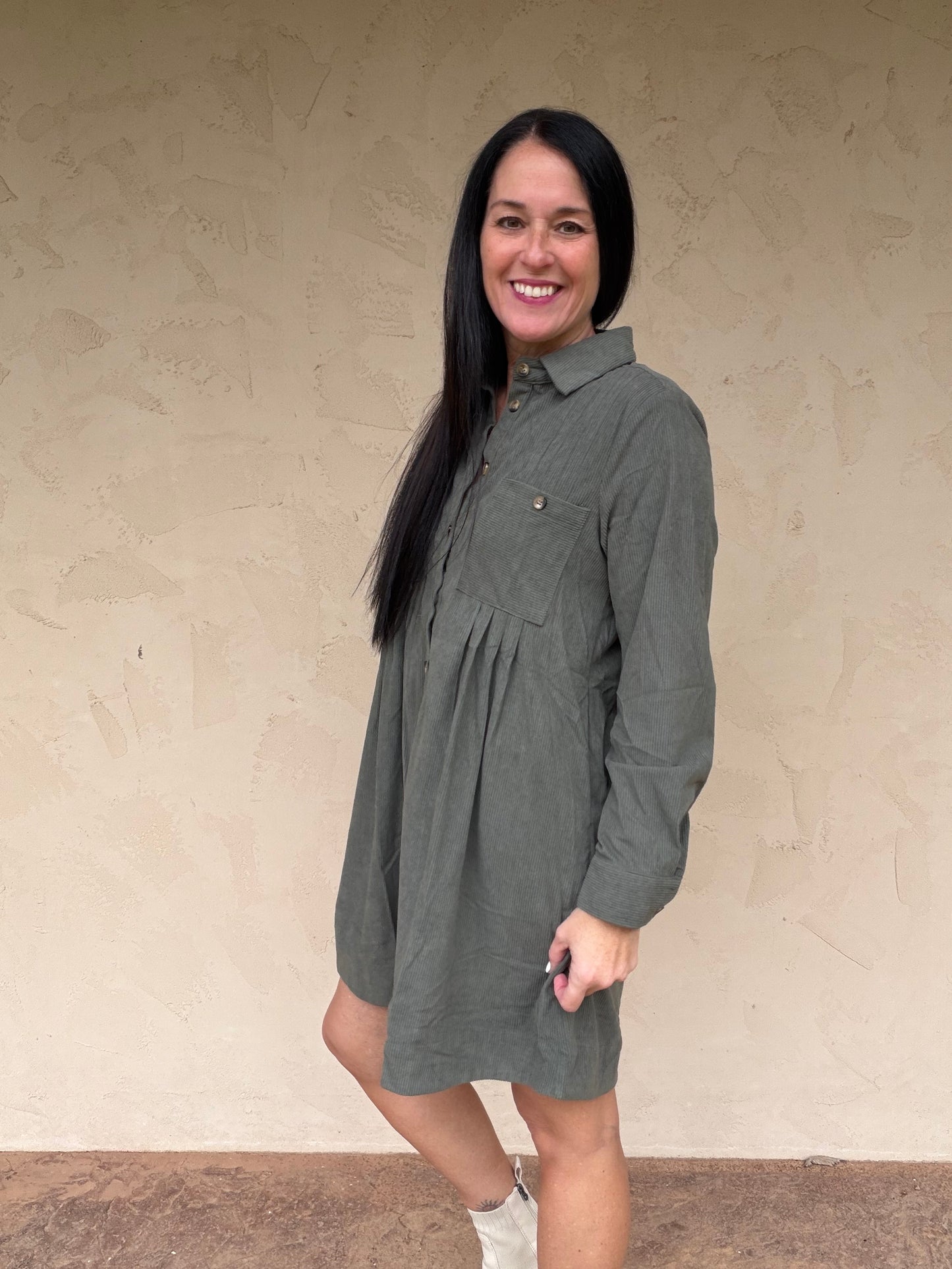 Corduroy Pintuck Dress, Olive