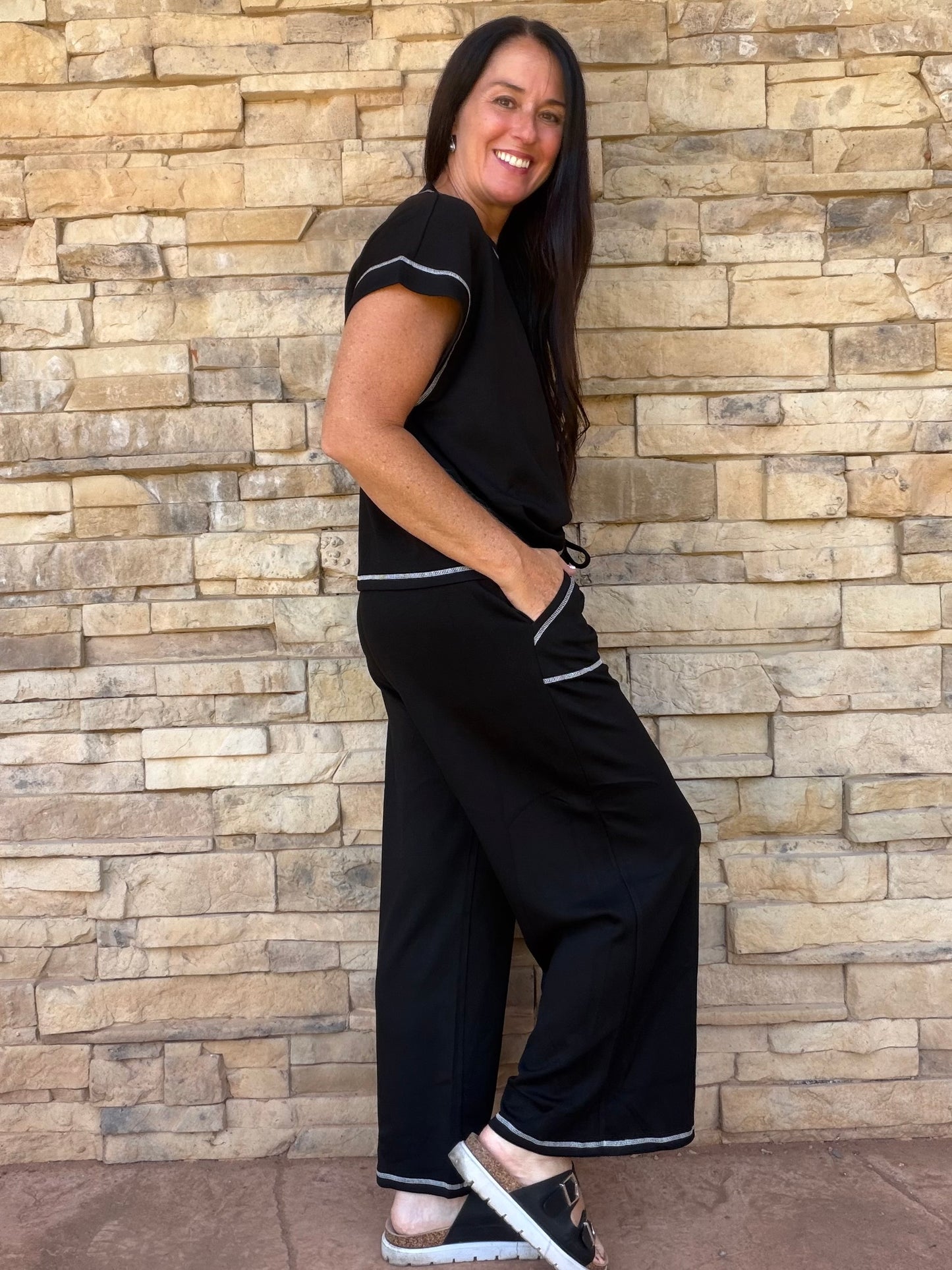Scuba Contrast Stitch Lounge Set, Black