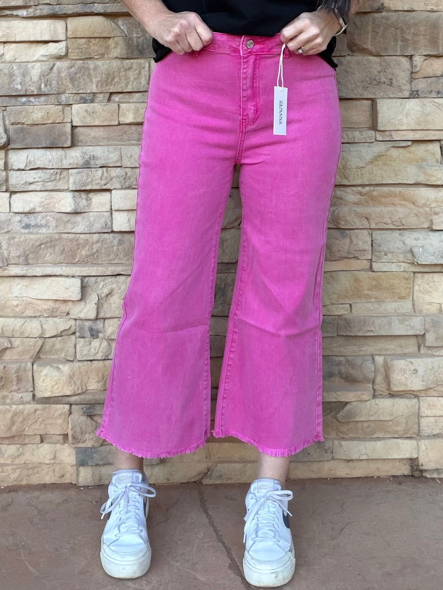 Zenana Acid Washed Frayed Hem Pants, Hot Pink