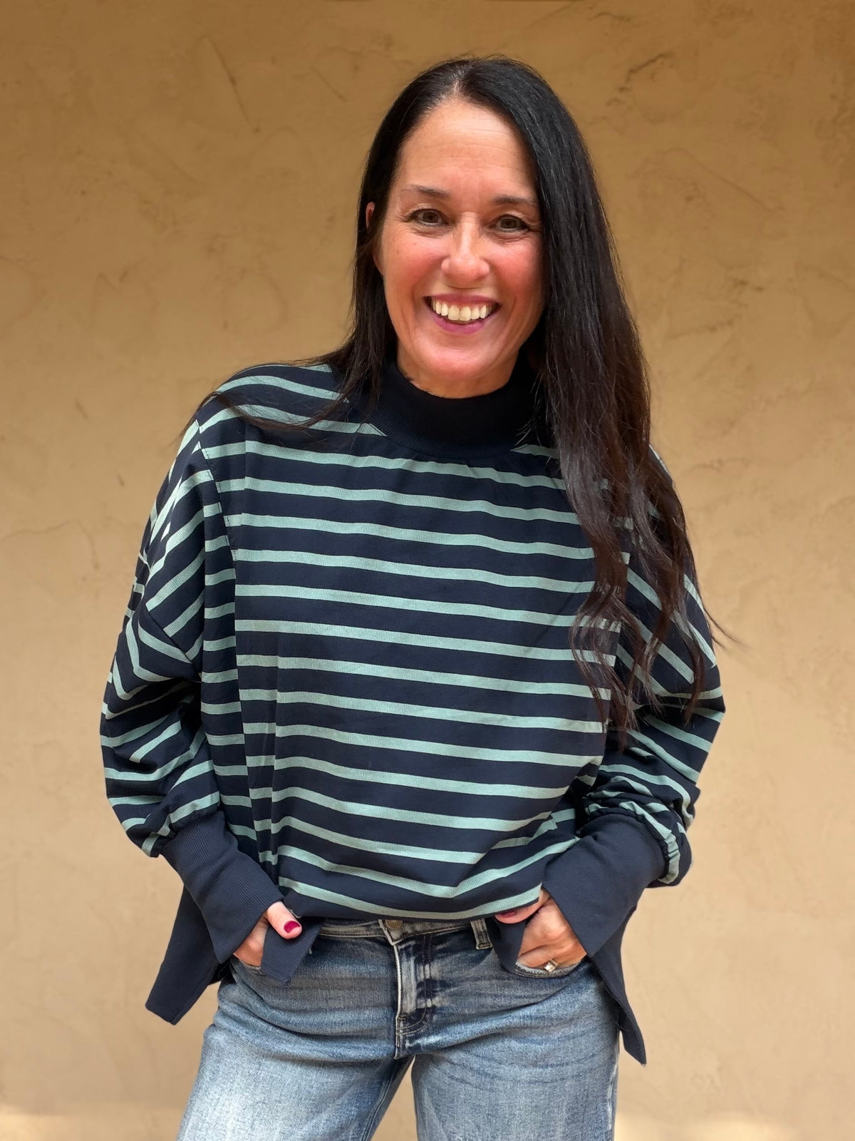 Striped Mock Neck Sweatshirt, Navy/Sage