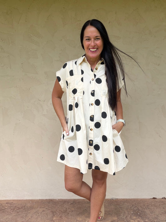 Polka Dot Button Down Pleated Dress, Black