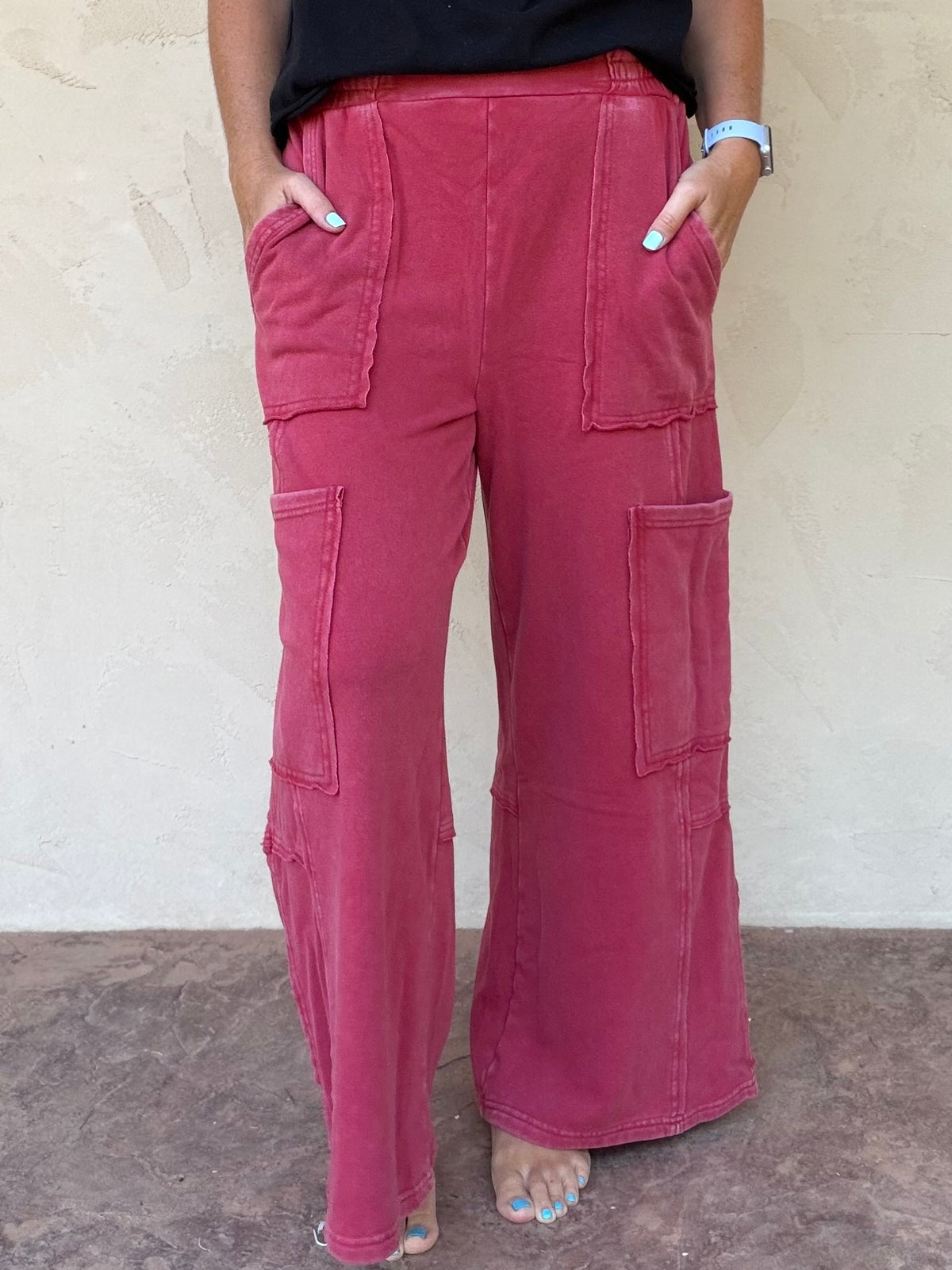 Hyfve Mineral Wash Cargo Pants, Dark Red