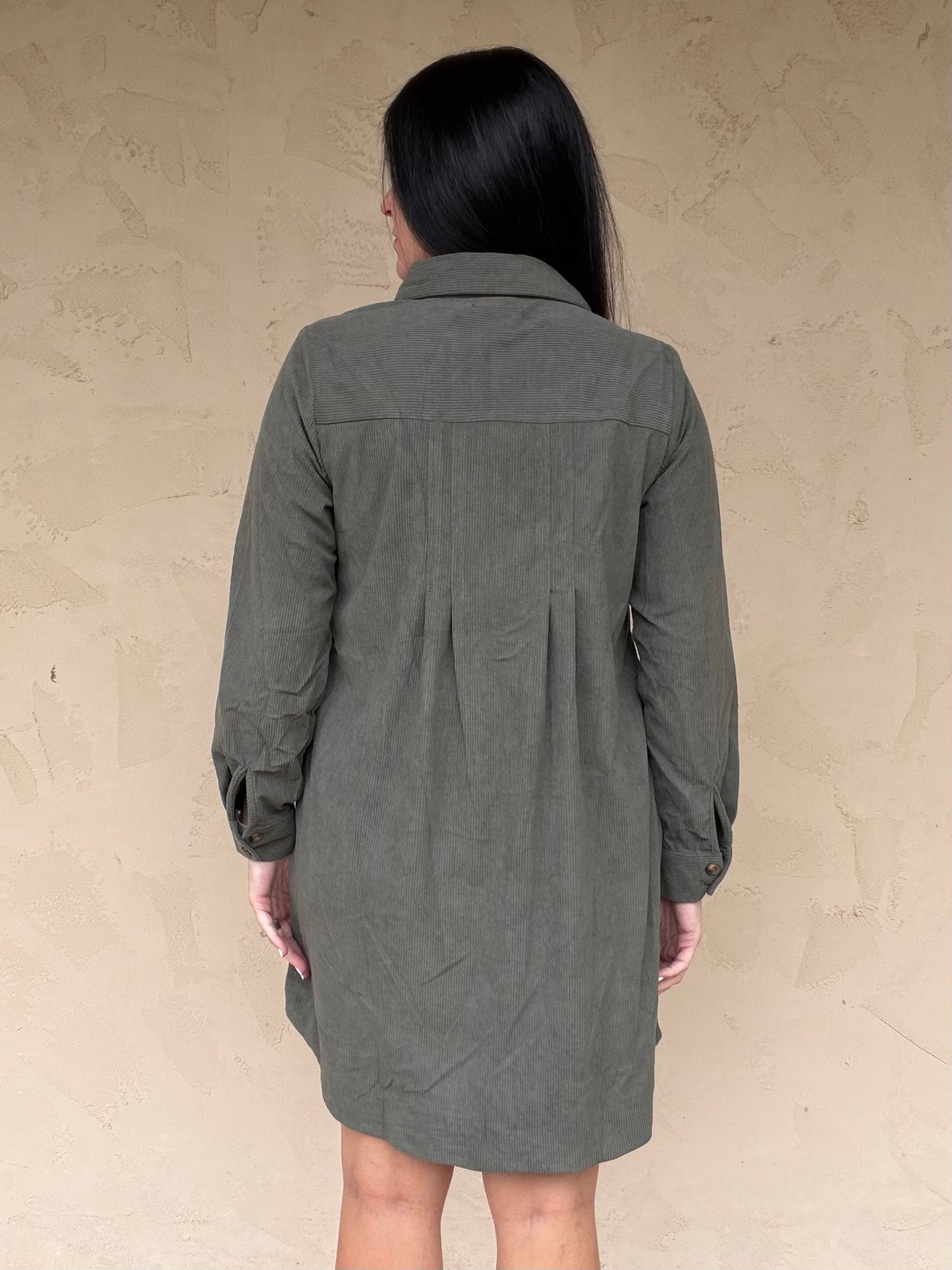 Corduroy Pintuck Dress, Olive