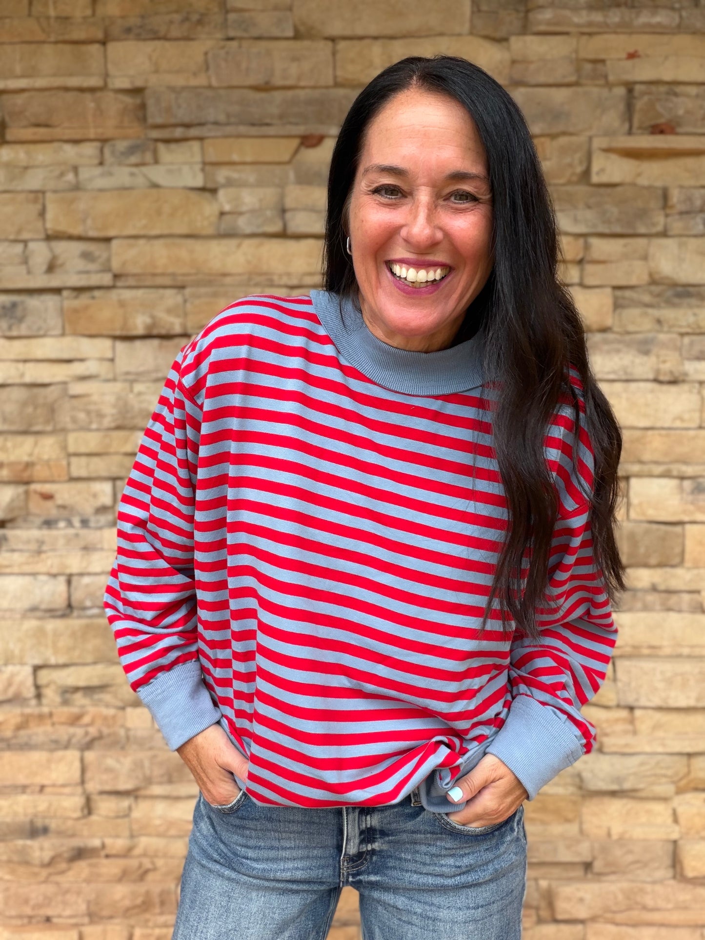 Contrast Stripe Terry Pullover, Denim/Red