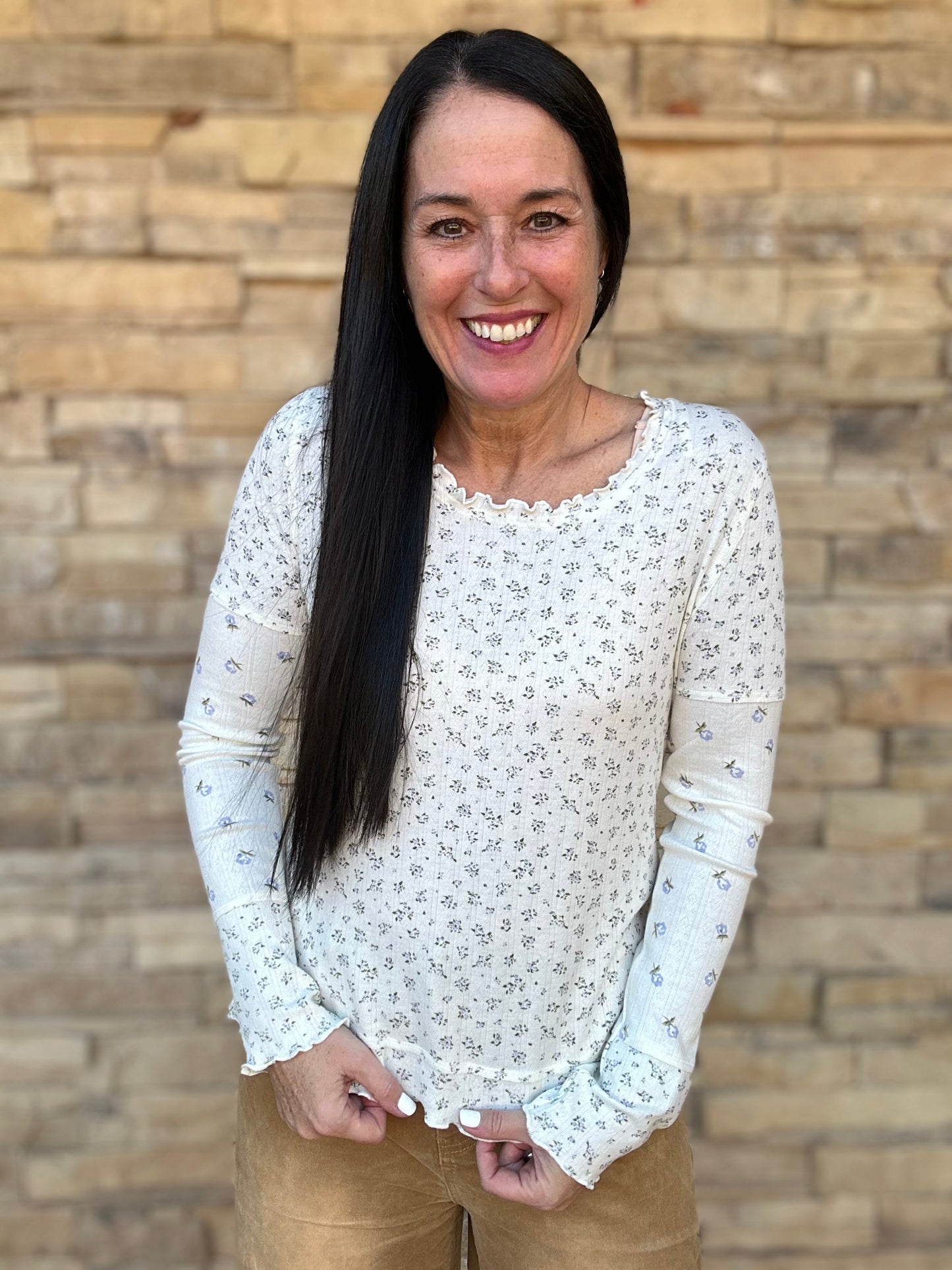 Blue Floral Lettuce Hem Top