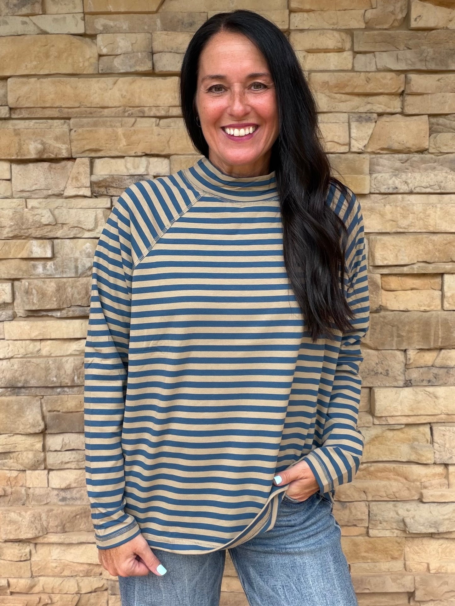 Mock Neck Striped Top, Tan