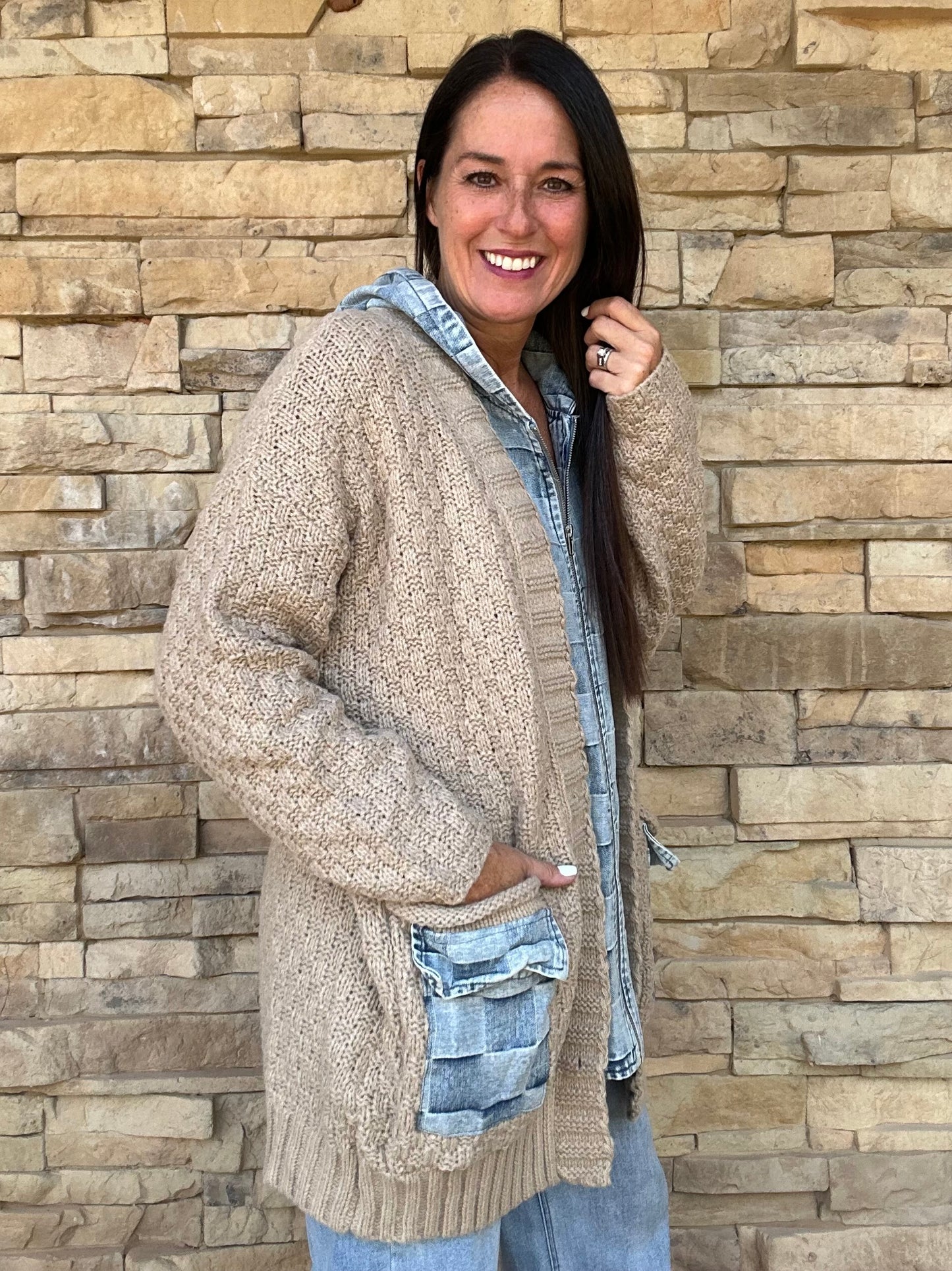 Checker Denim Zip Up Sweater Cardigan, Latte