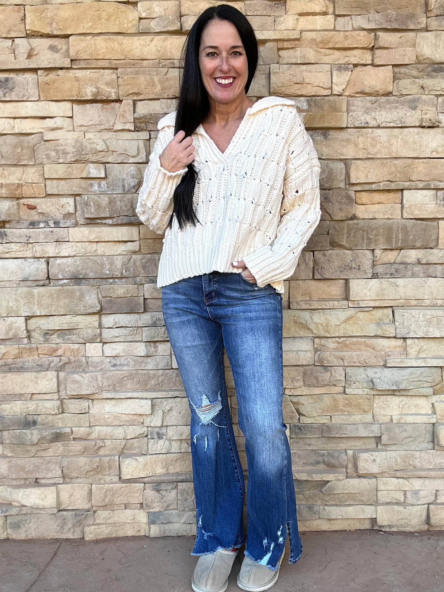 So Me Collared V-Neck Sweater, Cream