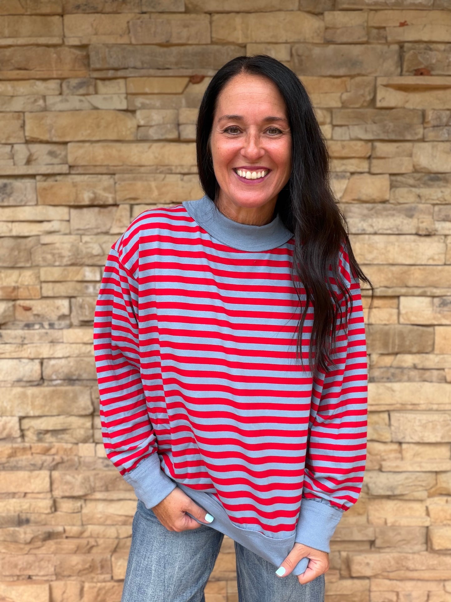 Contrast Stripe Terry Pullover, Denim/Red