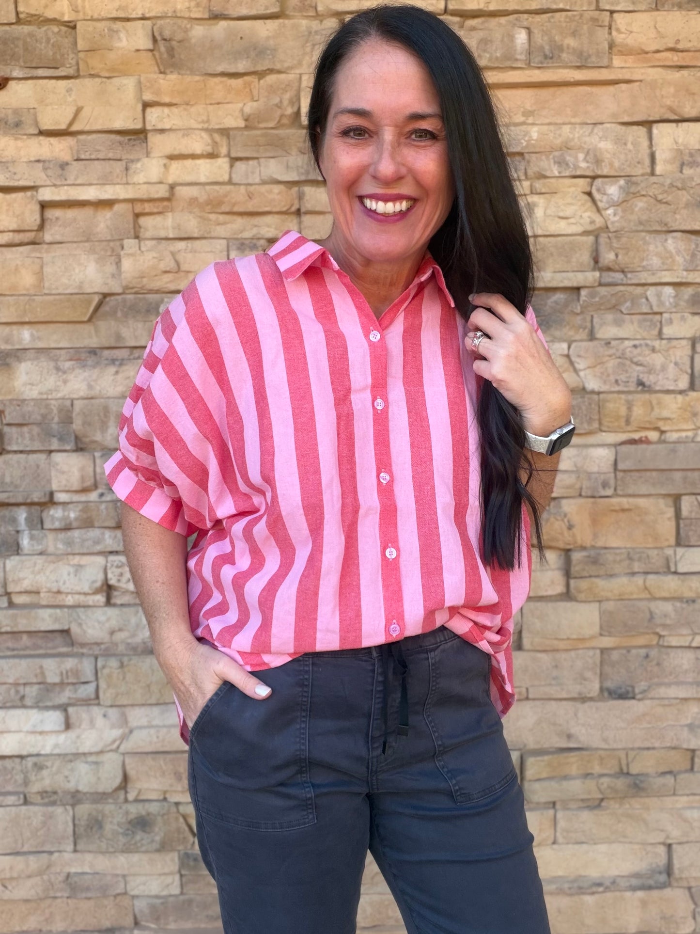 Day + Moon Striped Button Down Top, Red/Pink