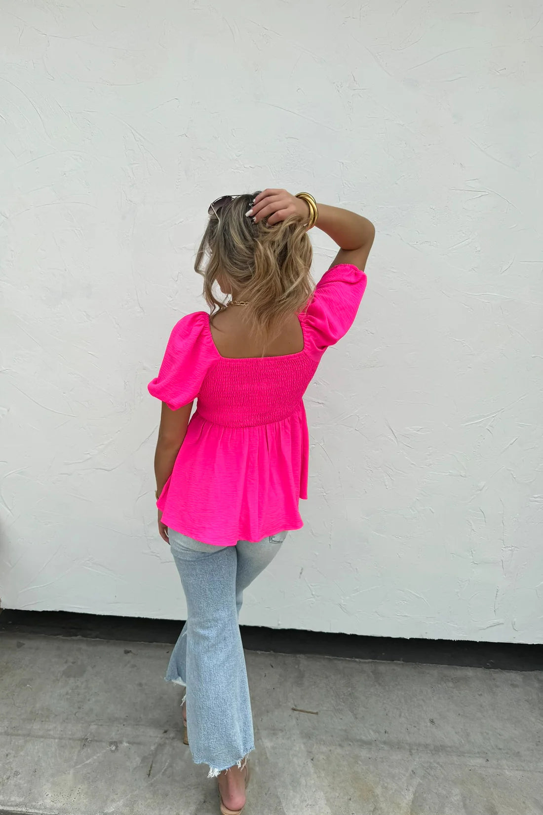 Tiffany Bubble Sleeve Smocked Top, Pink