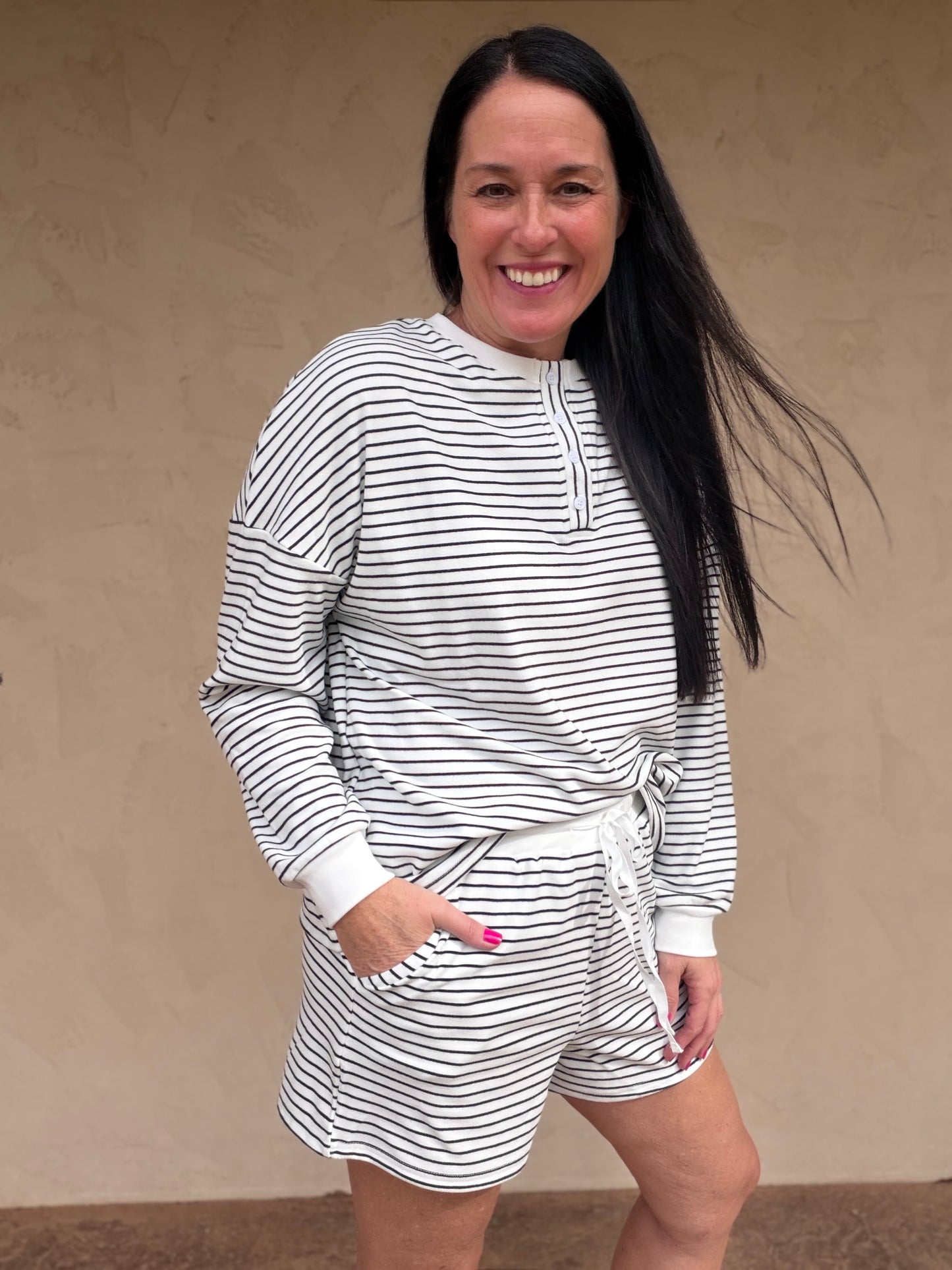Pin Stripe Pullover & Shorts Set, Ivory