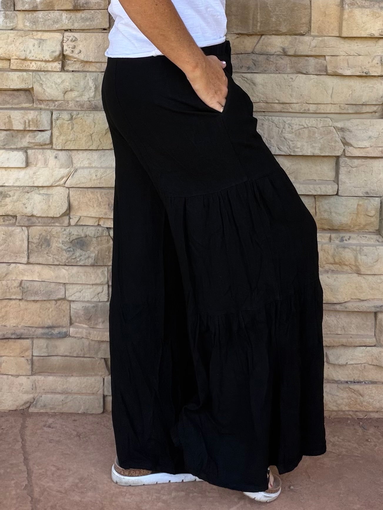 Linen Blend Palazzo Pants, Black
