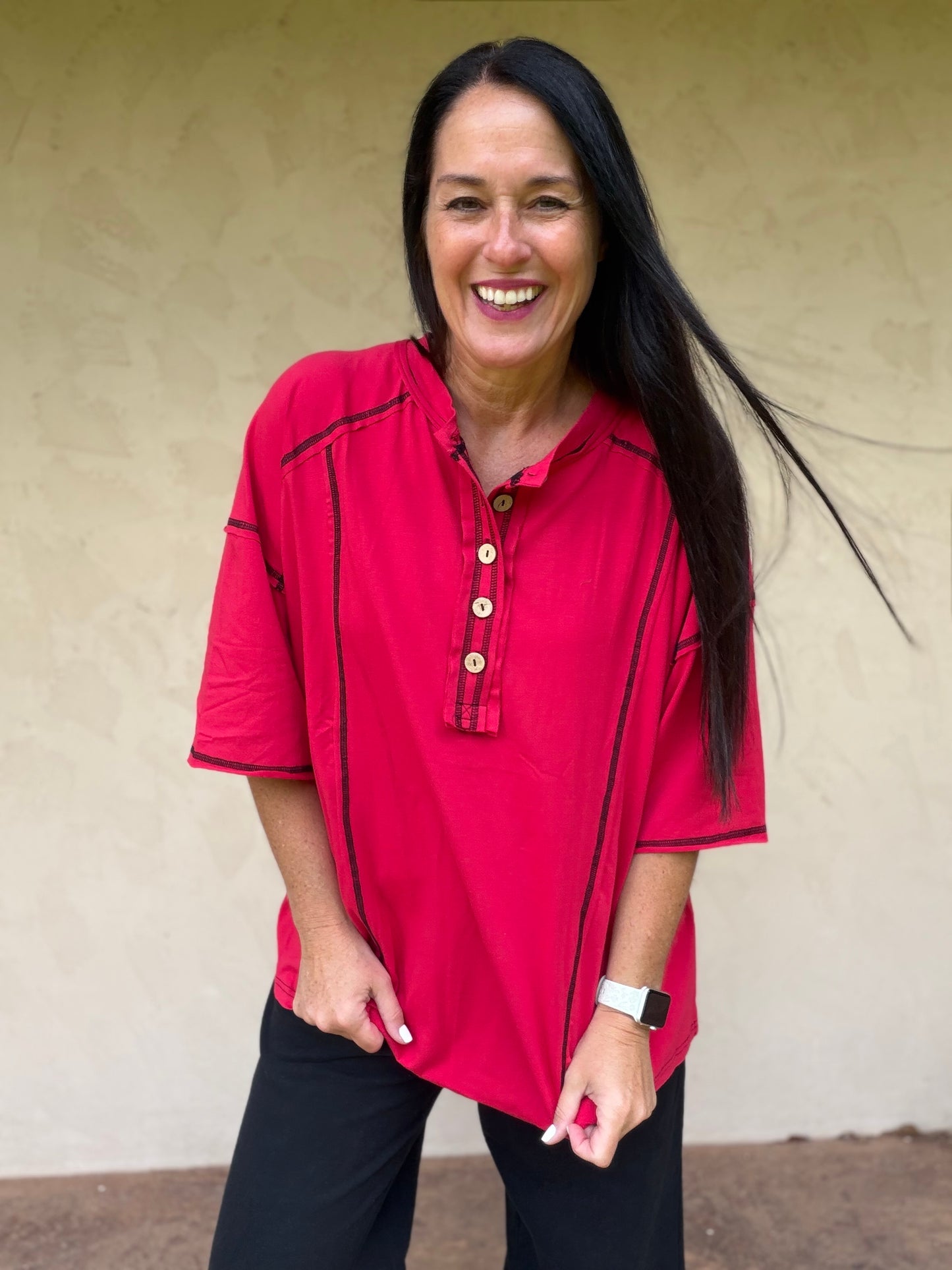 Button Henley Tee, Red