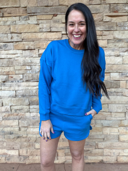 Zenana Sweatshirt & Shorts Set, Ocean Blue