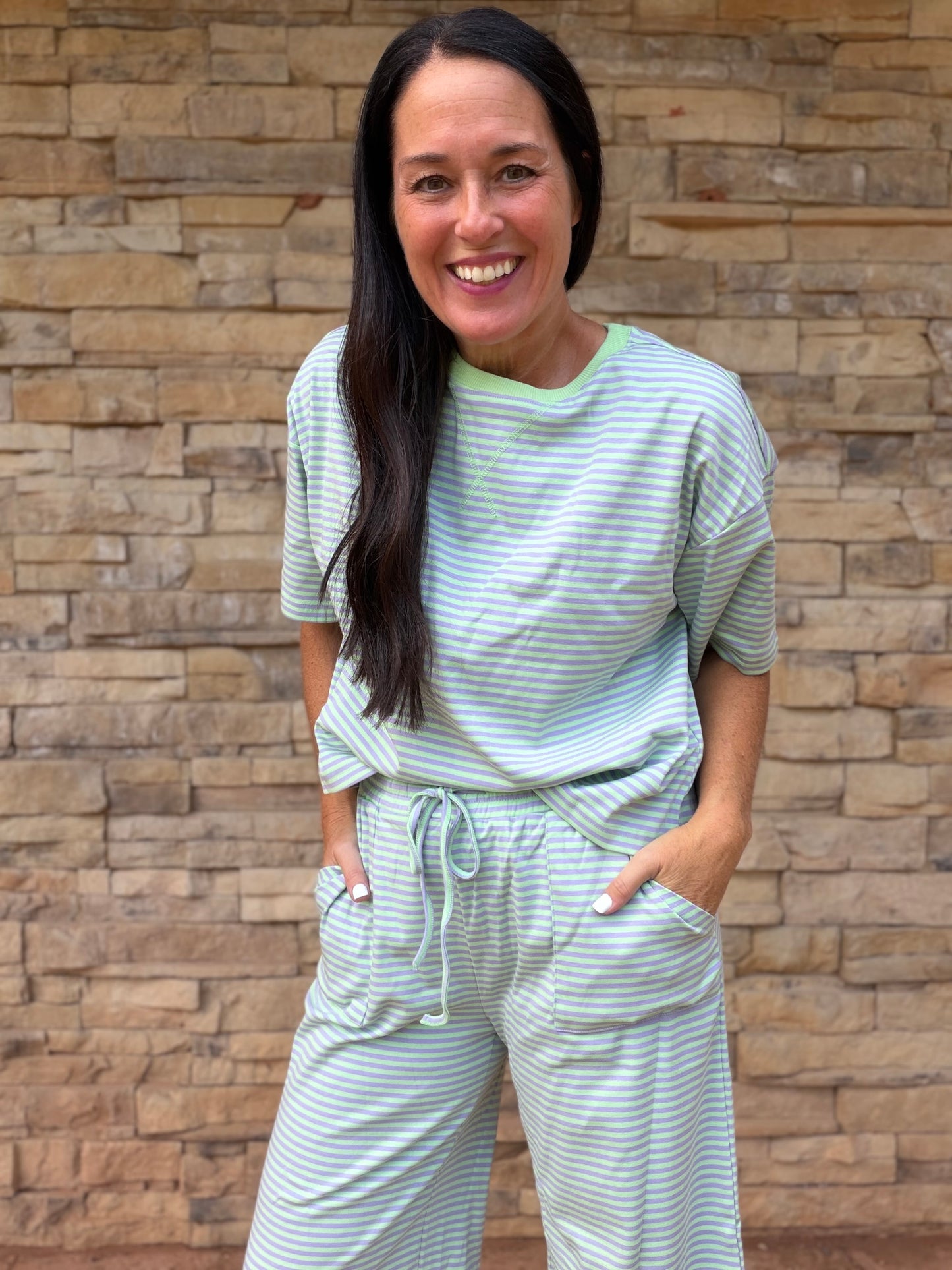 Striped Top and Pant Set, Mint/Lilac