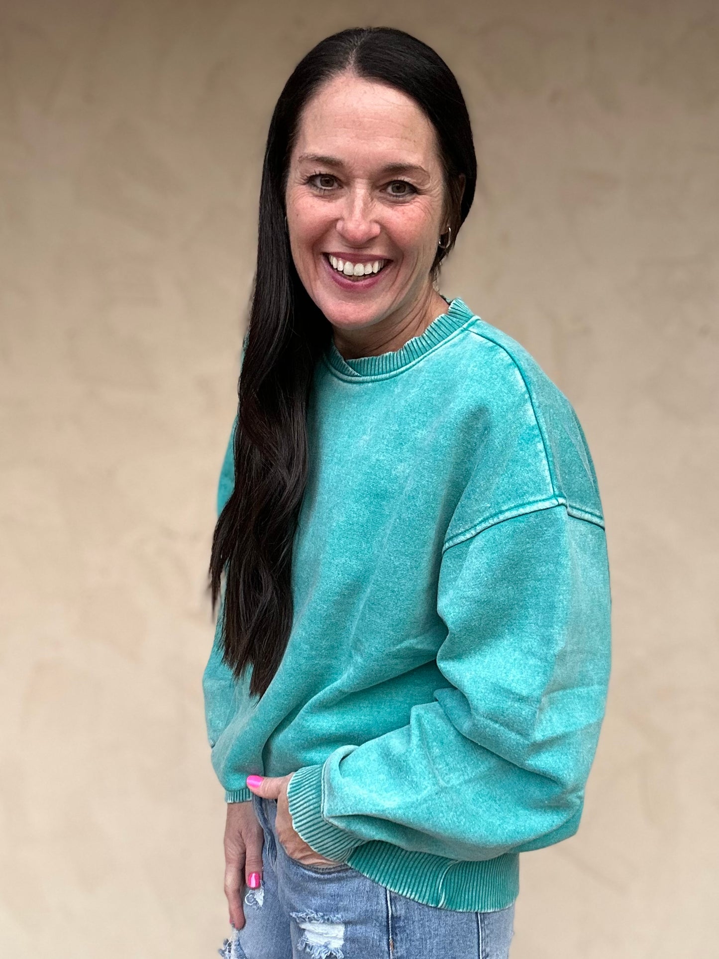 Zenana Acid Washed Oversized Fleece Pullover, Teal