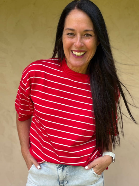 Striped Knit Short Sleeve Top, Red