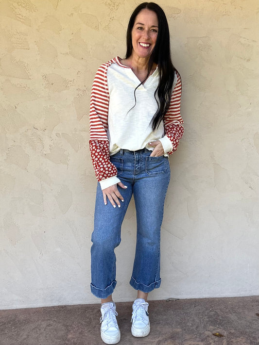 Floral Sleeve Top, Cream