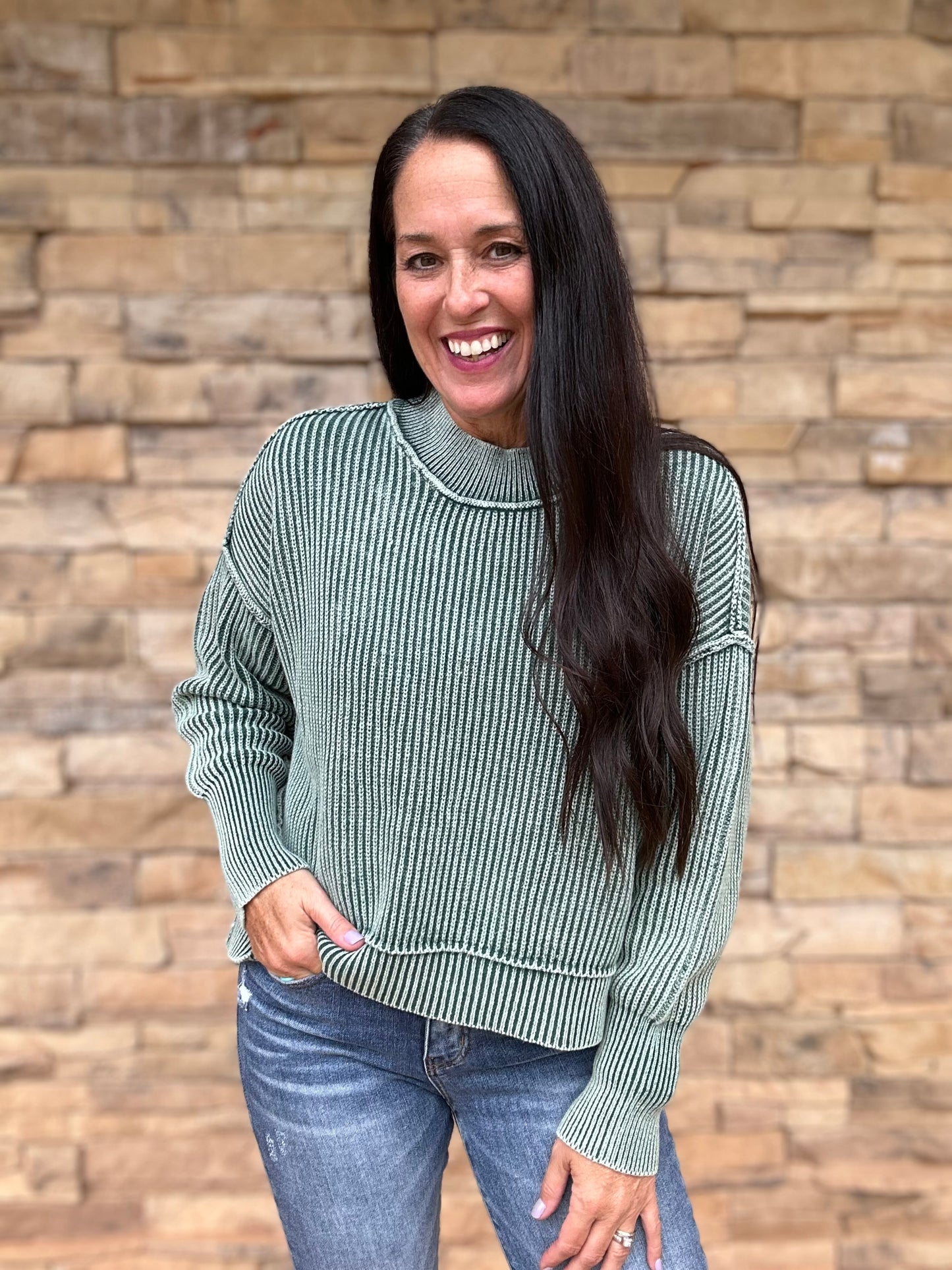 Zenana Washed Oversized Cropped Sweater, Dark Green