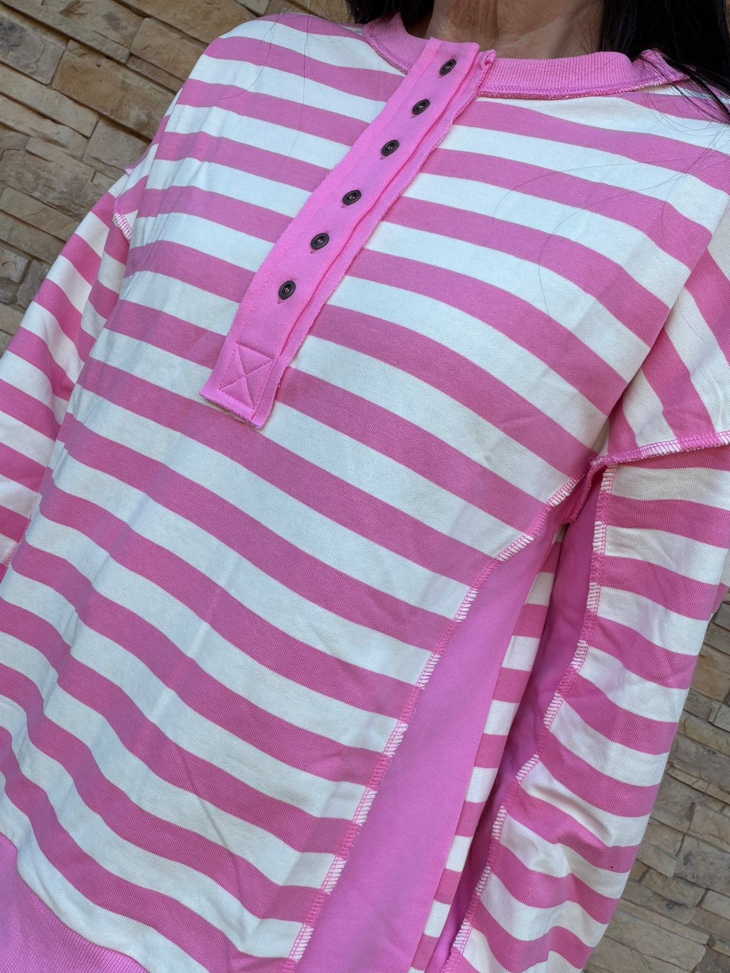 Striped Half Button Top, Pink