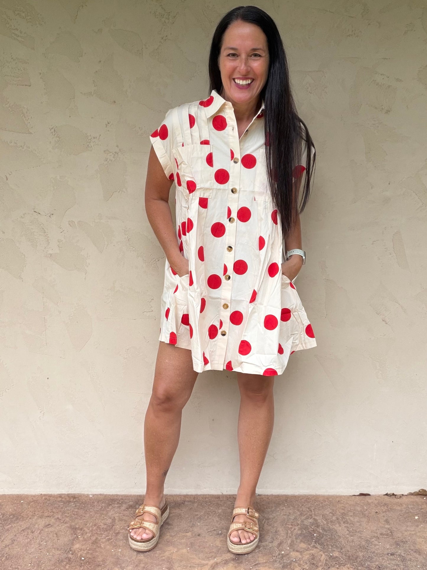 Polka Dot Button Down Pleated Dress, Red