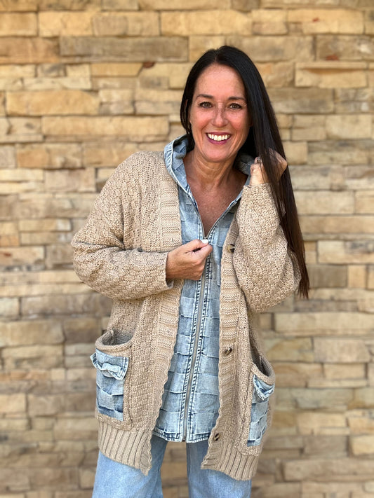 Checker Denim Zip Up Sweater Cardigan, Latte