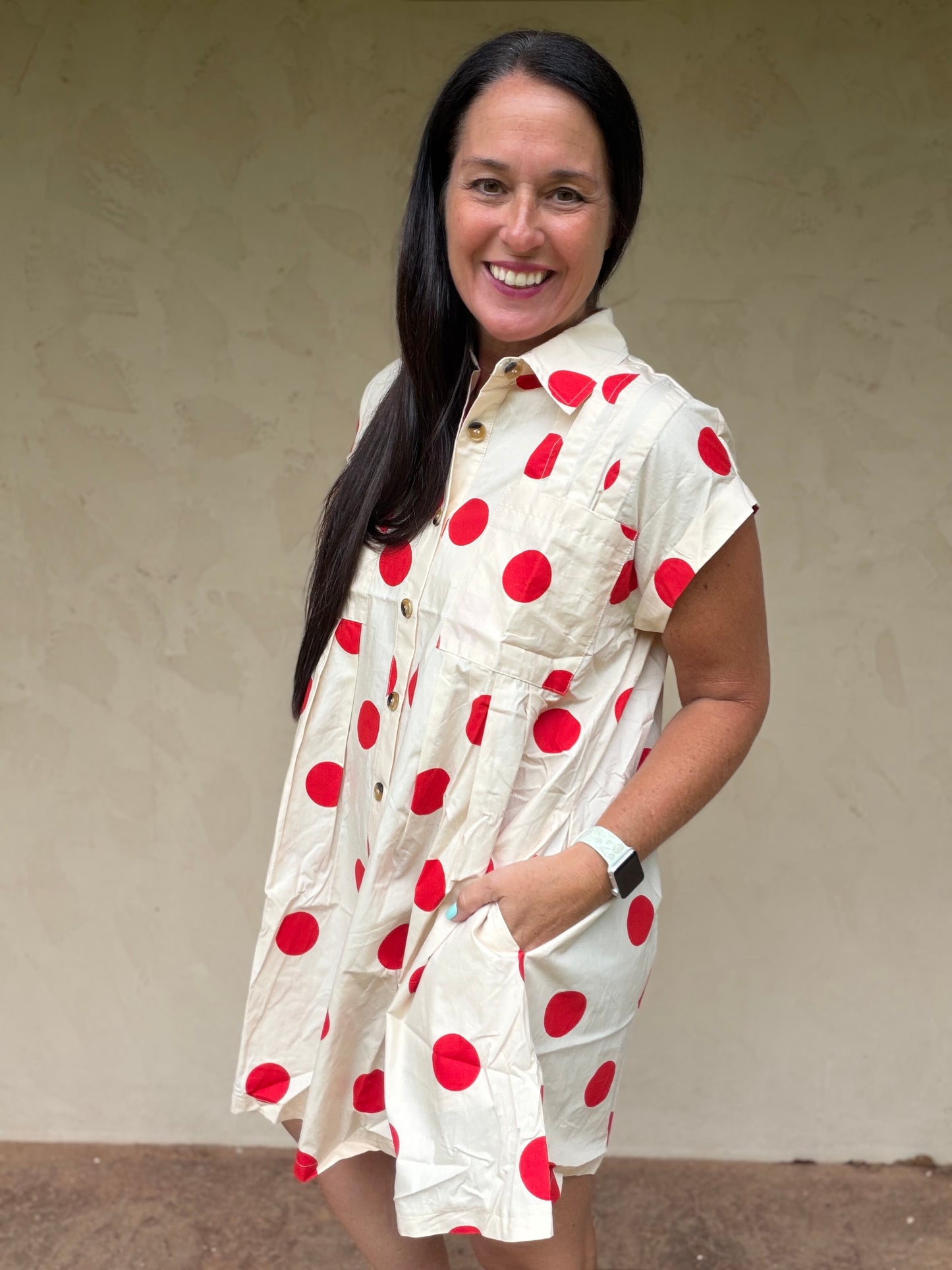 Polka Dot Button Down Pleated Dress, Red